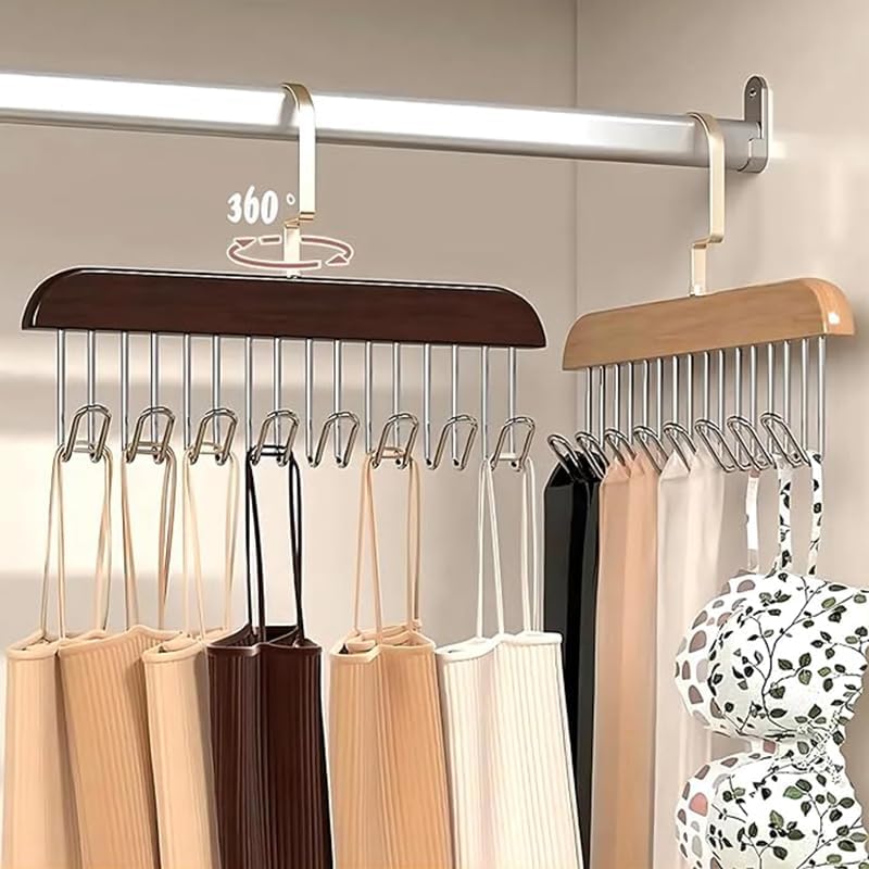 8 Hooks Wooden Clothes Hanger with 360° Rotation – Multi-Purpose Belt, Tie, Scarf & Accessory Organizer