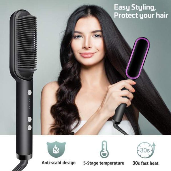 Professional Hair Straightener Brush – Ceramic Heated Comb with 5 Temperature Settings & Anti-Scald Design