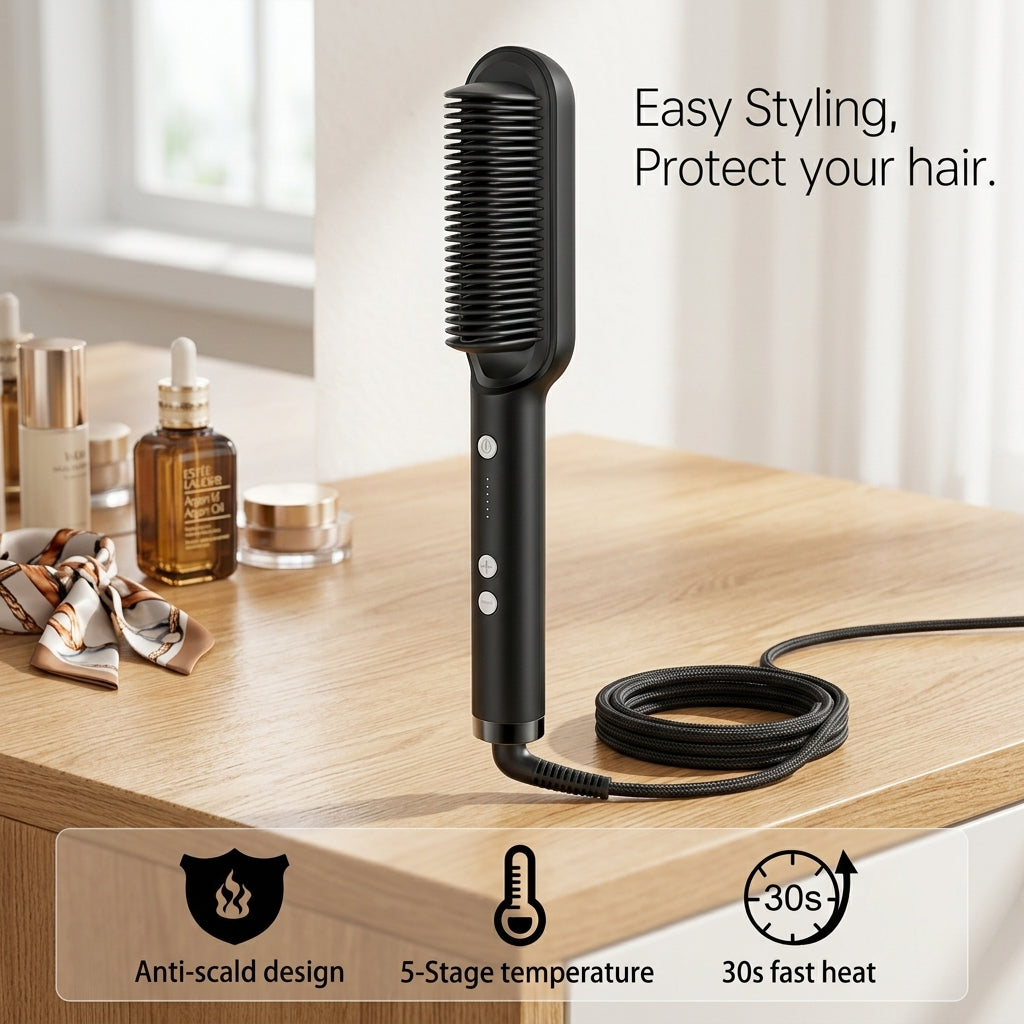 Professional Hair Straightener Brush – Ceramic Heated Comb with 5 Temperature Settings & Anti-Scald Design
