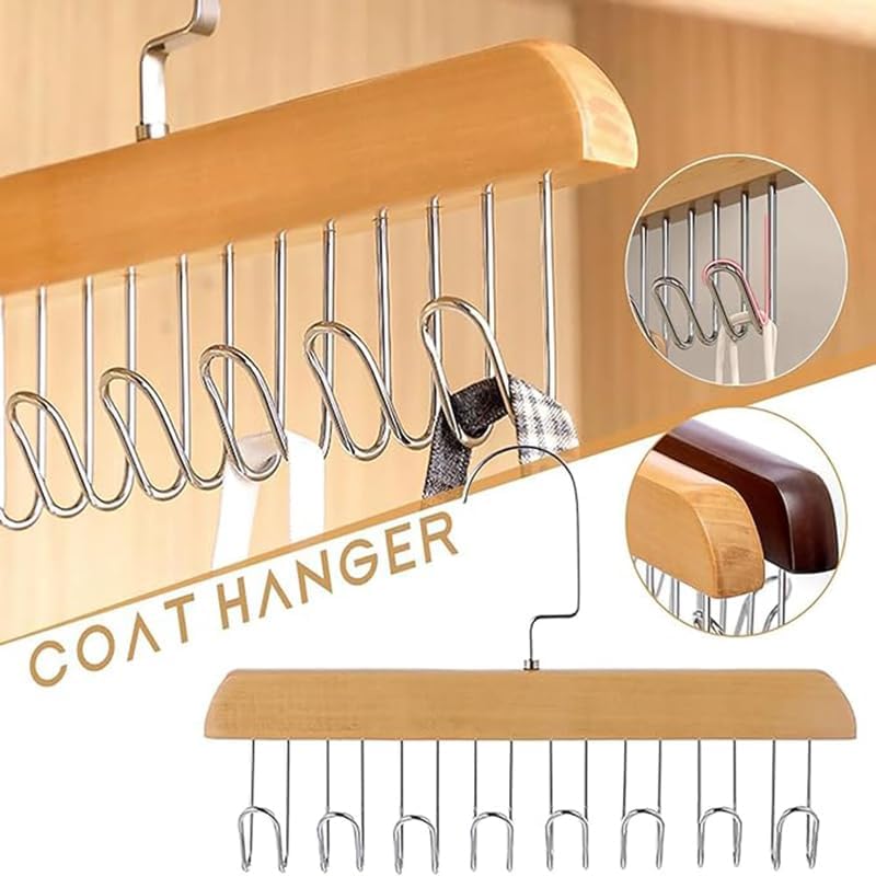8 Hooks Wooden Clothes Hanger with 360° Rotation – Multi-Purpose Belt, Tie, Scarf &amp; Accessory Organizer