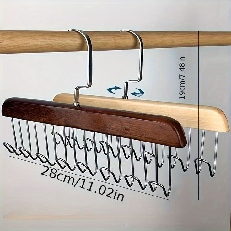 8 Hooks Wooden Clothes Hanger with 360° Rotation – Multi-Purpose Belt, Tie, Scarf &amp; Accessory Organizer