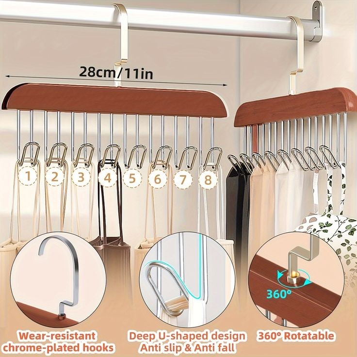 8 Hooks Wooden Clothes Hanger with 360° Rotation – Multi-Purpose Belt, Tie, Scarf &amp; Accessory Organizer