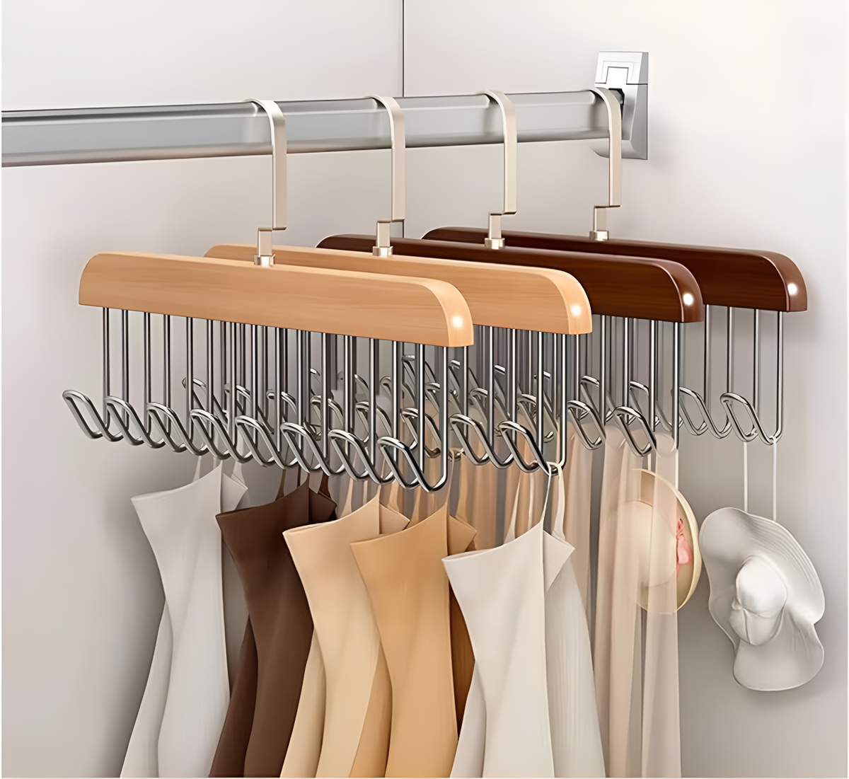 8 Hooks Wooden Clothes Hanger with 360° Rotation – Multi-Purpose Belt, Tie, Scarf &amp; Accessory Organizer