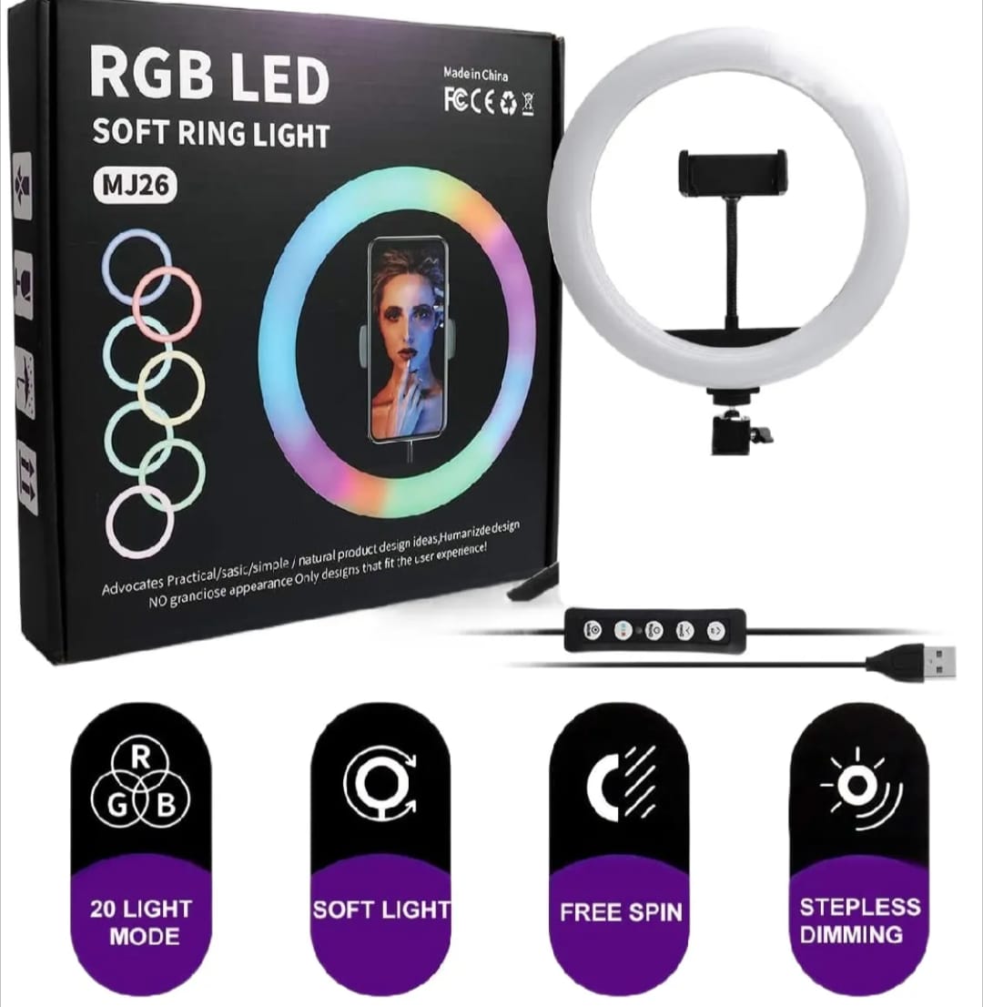 RGB Ring Light 26cm MJ26 – 7ft Stand, Mobile Holder & Adjustable Light