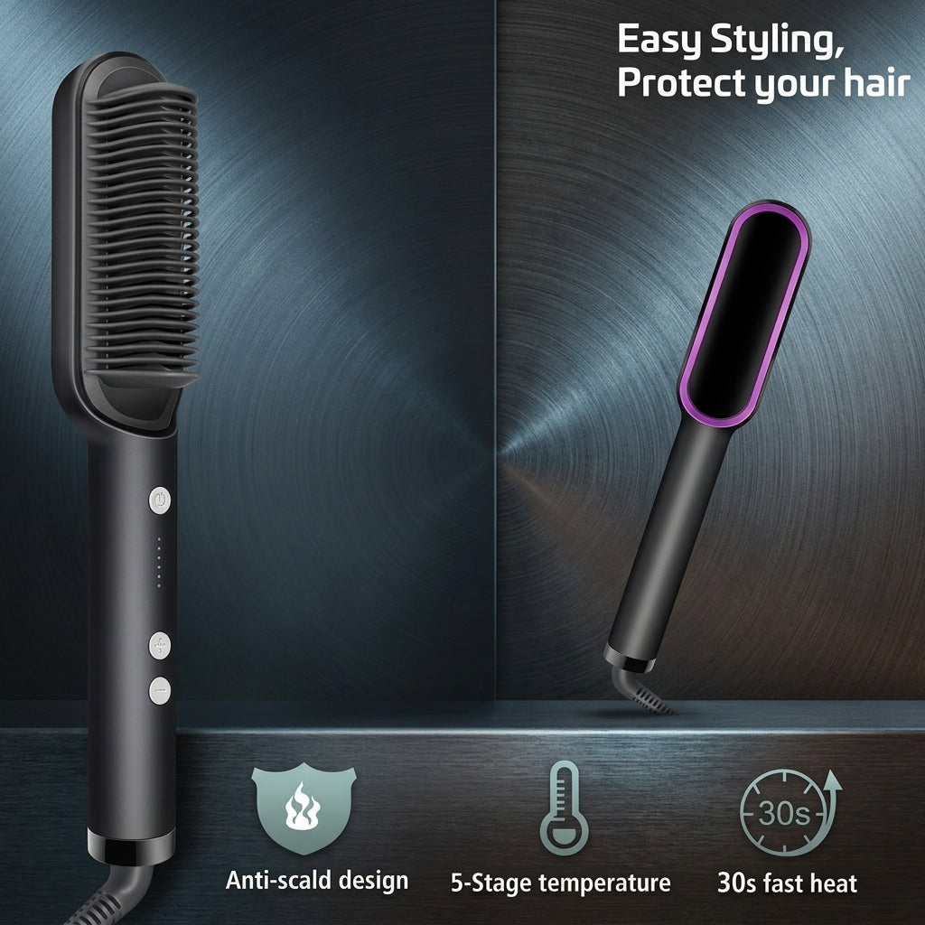 Professional Hair Straightener Brush – Ceramic Heated Comb with 5 Temperature Settings &amp; Anti-Scald Design